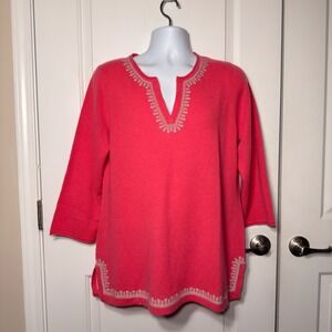 Tommy Bahama Island Cashmere Embroidered Tunic Pink Pineapple Sweater L NEW $295